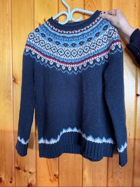 L.L. Bean Navy Fair Isle Yoke Sweater with Blue, White and Red Accents